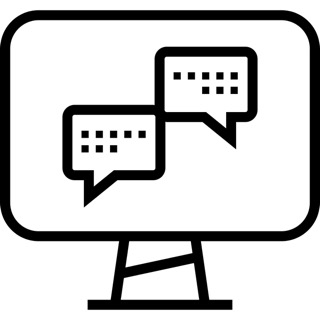 image description: icon of desktop computer screen with two chat bubbles on it indicating an online comversation